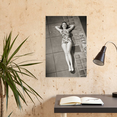 1940S Smiling Brunette Woman Wearing One Piece Bathing Suit Lying By Deep End Of A Swimming Pool Looking At Camera Classic Retro Vintage Wall Art
