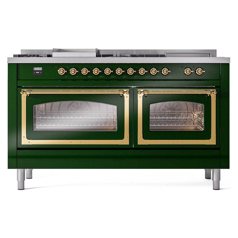 ILVE Nostalgie II Noblesse 60 po à 2 brûleurs, plaque chauffante, plaque de cuisson française, Vert émeraude / laiton