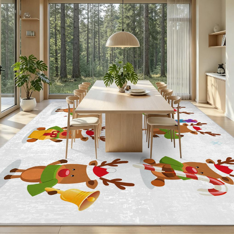 Tapis d'intérieur rouge lavable à la machine, motif renne mignon, Rectangle 79 po x 118 po