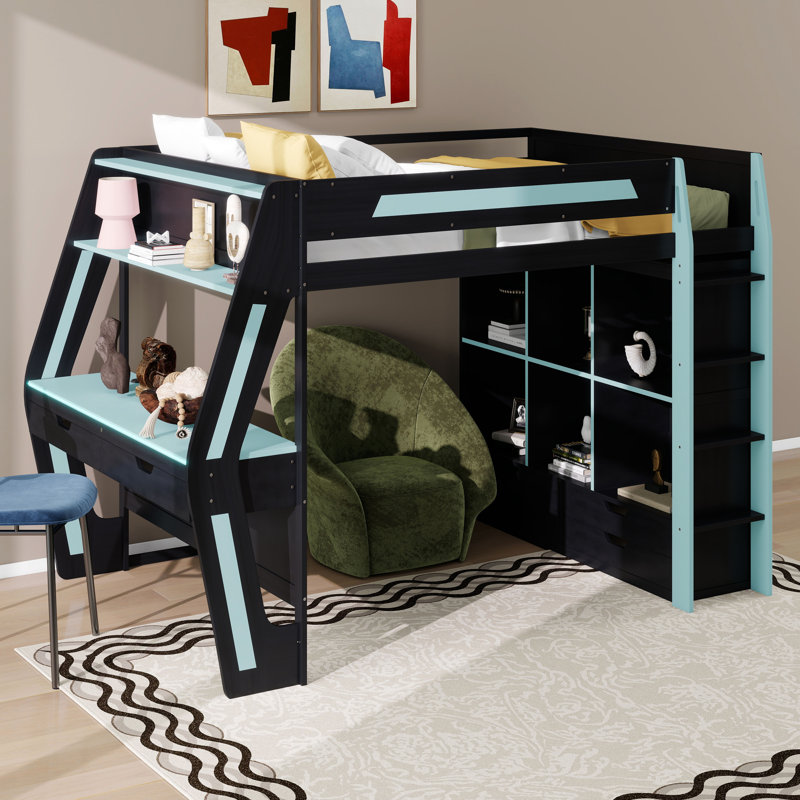 Lit mezzanine avec bureau, lumières DEL et stations de charge USB, lit mezzanine en bois avec 6 casiers de rangement, 6 tiroirs