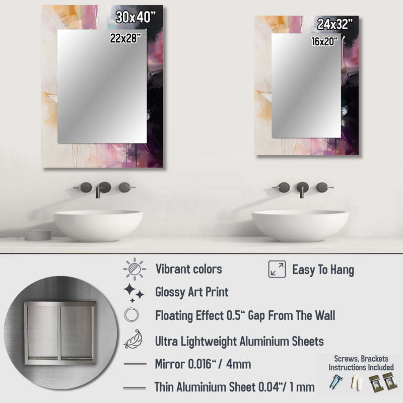 Mauve langue des lignes II - miroir mural décoratif géométrique, miroir moderne, art imprimé en métal, 40 po x 30 po