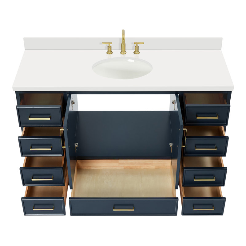 55'' Single Bathroom Vanity with White Quartz Top, Midnight Blue