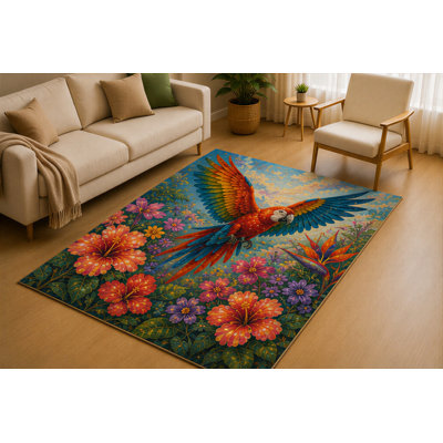 "Ultra Thin" 5' x 7' Flying Macaw Tropical Area Rug for Living Room, Soft Low Pile Indoor Rug with Non-Slip Silicone Backing, Exotic Bird Carpet for Bedroom, Office, Family Room, Blue Red