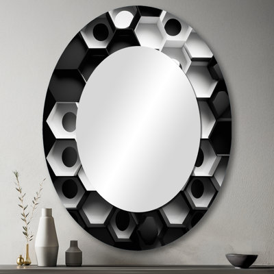 Abstrait géométrique noir et blanc II - Miroir décoratif abstrait ovale sur métal