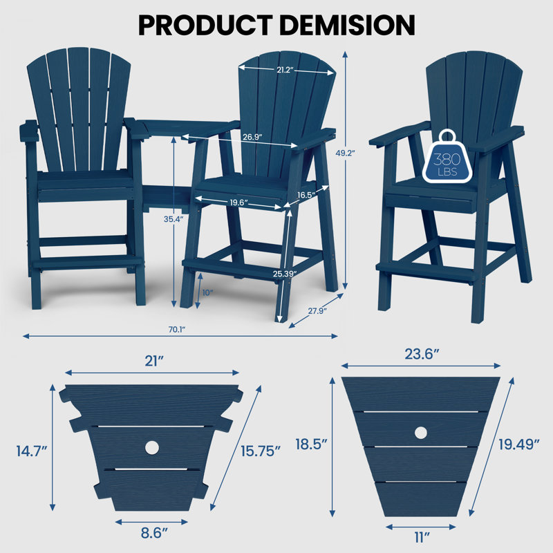 Chaises Adirondack de 26 po pour 2 personnes avec table pour 2 personnes, Bleu