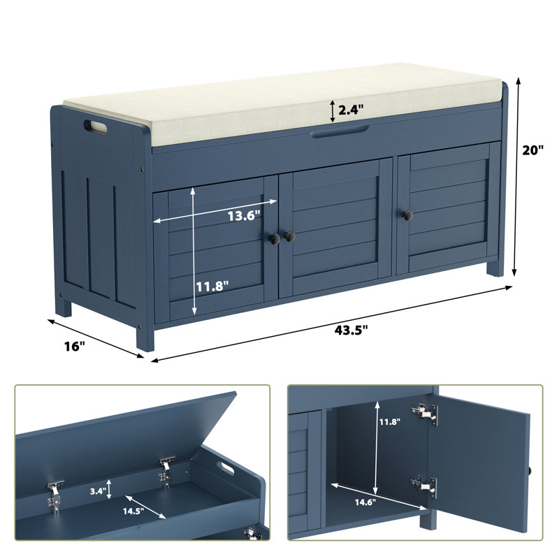 43.5" Entryway Bench with Hidden Shoe Storage and Cushion, Navy