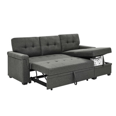 86'' 3 - Seat Pull Out Bed In Gray, Reversible L/R, Jumbo Stitch Detailing And Accent For Relaxing Party Nights Upholstered Featuring Movie Parties
