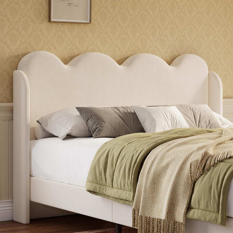 Full Upholstered Wingback Bed Frame with Scalloped Edges, Tufted Headboard, No Box Spring Needed, Tool-Free Assembly, Beige