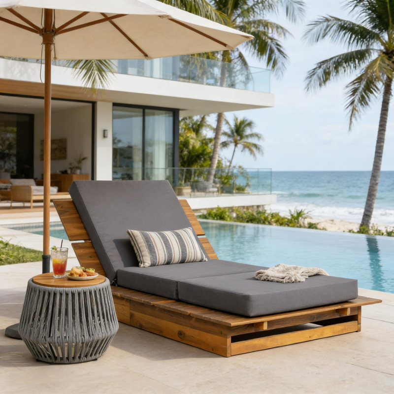 Dorgen Outdoor Acacia Wood Chaise Lounge With Adjustable Backrest & Triple-Fold Cushion