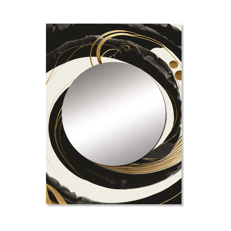 Rhylea noir, argent et or mélangeant des tourbillons II - spirales abstraites, miroir mural noir, 40 po x 30 po