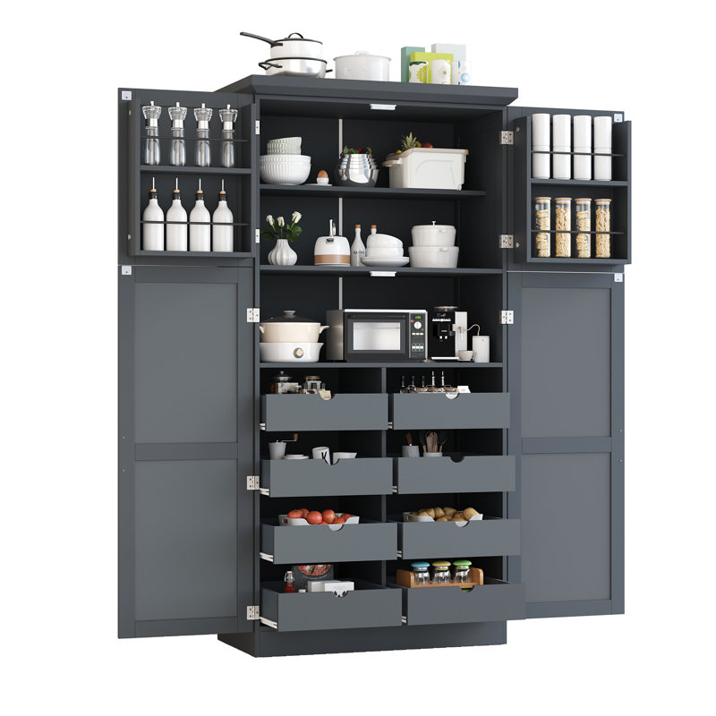 Garde-manger 70,9 po de hauteur - autoportant avec 4 portes, plateaux coulissants et tablette réglable, Gris