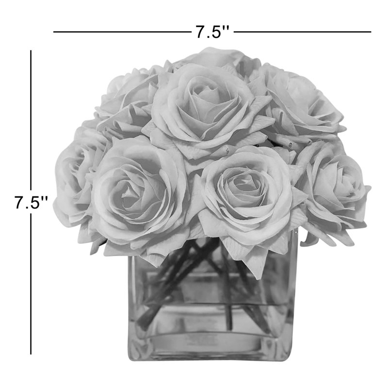 Real Touch Rose Arrangement In Square Glass Vase, Ivory/Off White