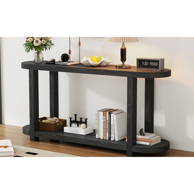La table d'entrée en placage de frêne avec tablettes fonctionnelles, idéale pour le rangement et le couloir noir et de table, crée un contraste dans la décoration intérieure