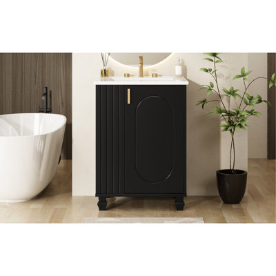 Meuble-lavabo classique de 24 po avec poignées en métal élégantes, charnières à fermeture en douceur, rangement sous le lavabo et trous de robinet pré-percés de style rétro avec une porte, 2 tablettes à niveaux, une structure ouverte en bois massif