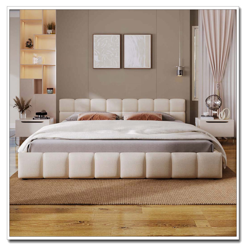 Lit tapissier en chenille avec motif en damier, Très grand lit