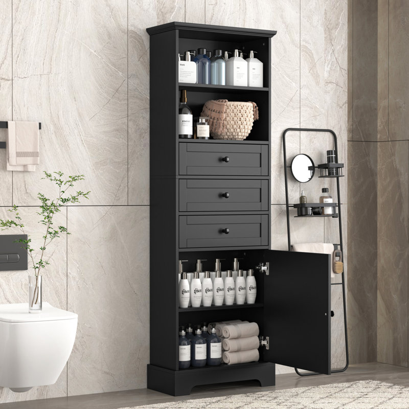 Tall Storage Cabinet With 3 Drawers And Adjustable Shelves For Bathroom, Study, Office And Interior, Black
