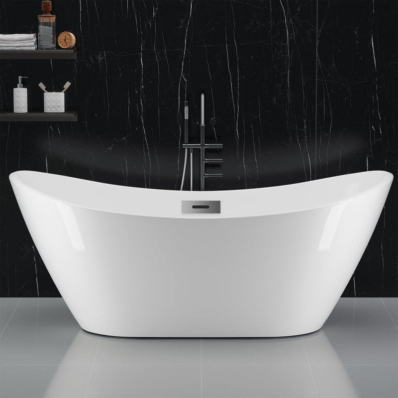 59" Acrylic Freestanding Tub, Glossy White Finish, Chrome Drain & Overflow, Home Spa Soaker