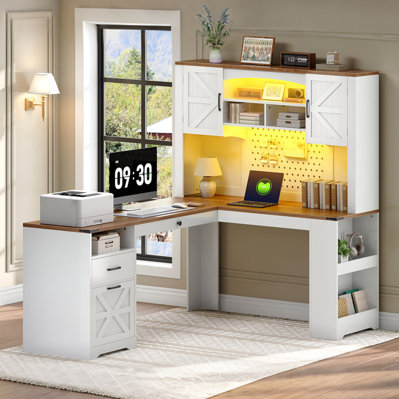 67'' L Shaped Executive Desk With Storage Shelves and Led Lights, Farmhouse Corner Computer Desk With File Drawer, Wooden Office Desk With Hutch For Home Office