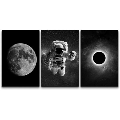 IDÉE4WALL 3 panneaux d'art mural, astronaute, grande éclipse, lune, enfants, peinture sur toile, décoration murale pour le salon, décorations encadrées pour la maison - 24 po x 36 po x 3 panneaux
