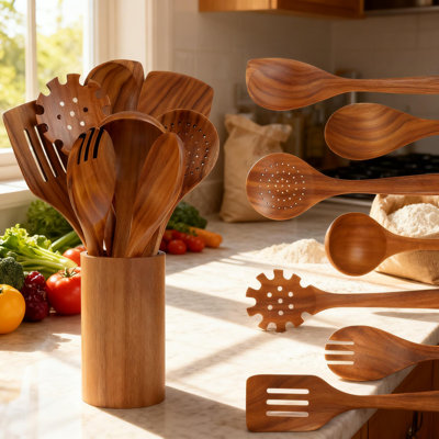 Premium Teak Wooden Spoons For Cooking Set With Holder, 9-Piece Kitchen Utensils For Nonstick Cookware, Heat Resistant And Scratch Resistant
