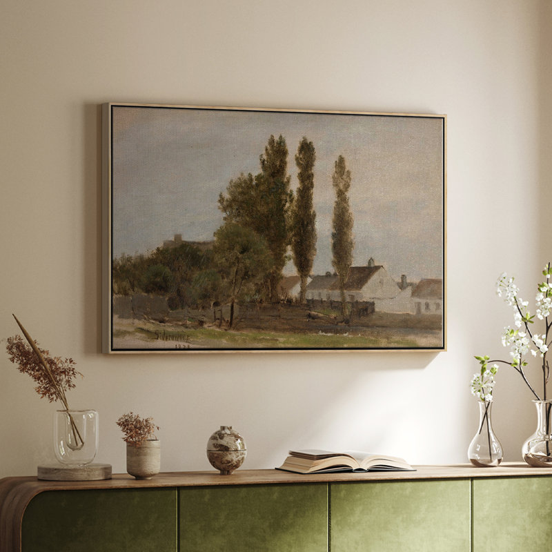 Paysage rétro CCXXX, Toile avec cadre flottant or, H 27 po x l 41 po x P 2 po