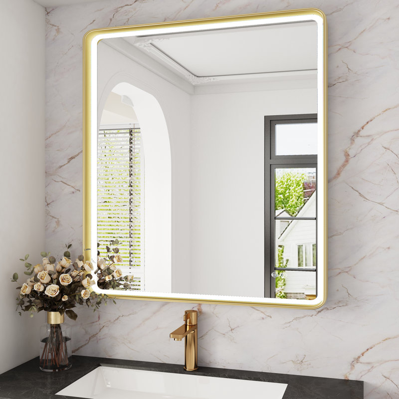  Miroir de salle de bain à cadre doré / noir / argenté, miroir de meuble-lavabo 24/30/36/48 pouces, miroir mural lumineux, anti-buée, à intensité variable, rétroéclairé à 3 couleurs (horizontal / vertical)