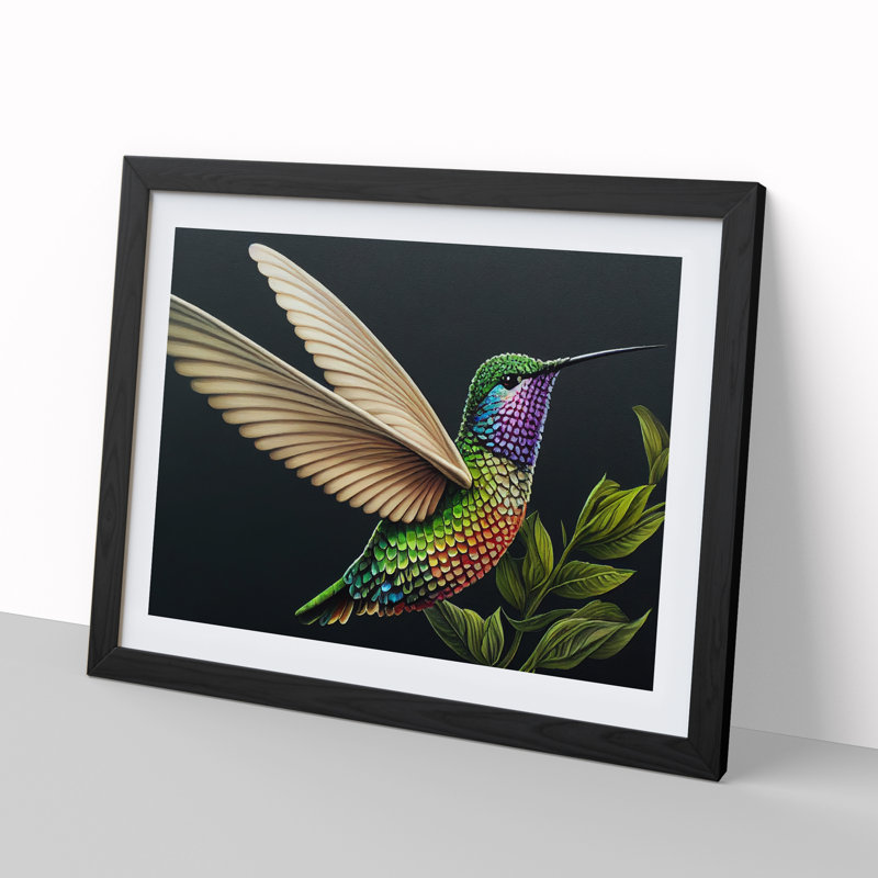 Illuminated Hummingbird - Single Picture Frame Print, Black, 46cm H x 64cm W x 2cm D
