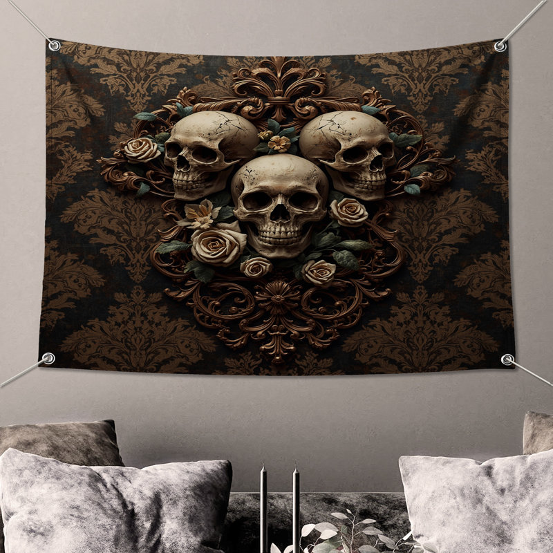 Tapisserie murale crânes avec motif floral - décoration murale crânes, H 50 po x l 60 po avec 4 œillets