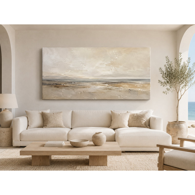 Paysage côtier neutre crème enveloppé Iraima, L 55 po x H 27,5 po x P 1,5 po