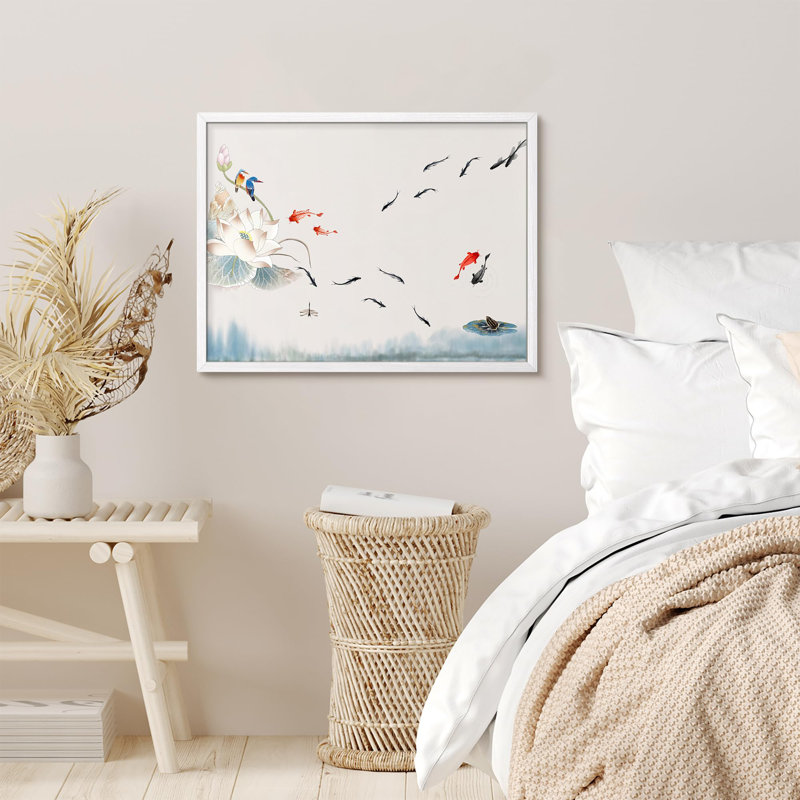 «Lotus Flower with Colorful Koi Fish and Kingfishers in Tranquil Pond Prints», affiche encadrée rustique, Blanc