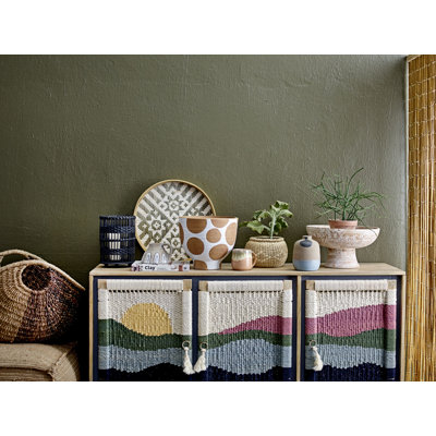 Mango Wood Console with 2 Shelves, 3-Panel Sunset Scene Woven Rope Doors and Tassels