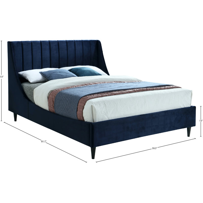 Eva Upholstered Low Profile Platform Bed, Full, Navy Velvet