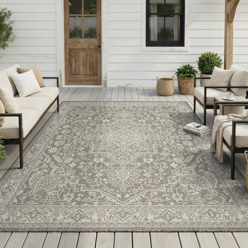 Oriental Medallion UV Resistant Woven Indoor / Outdoor Area Rug Gray, Rectangle 5' x 7', Ivory