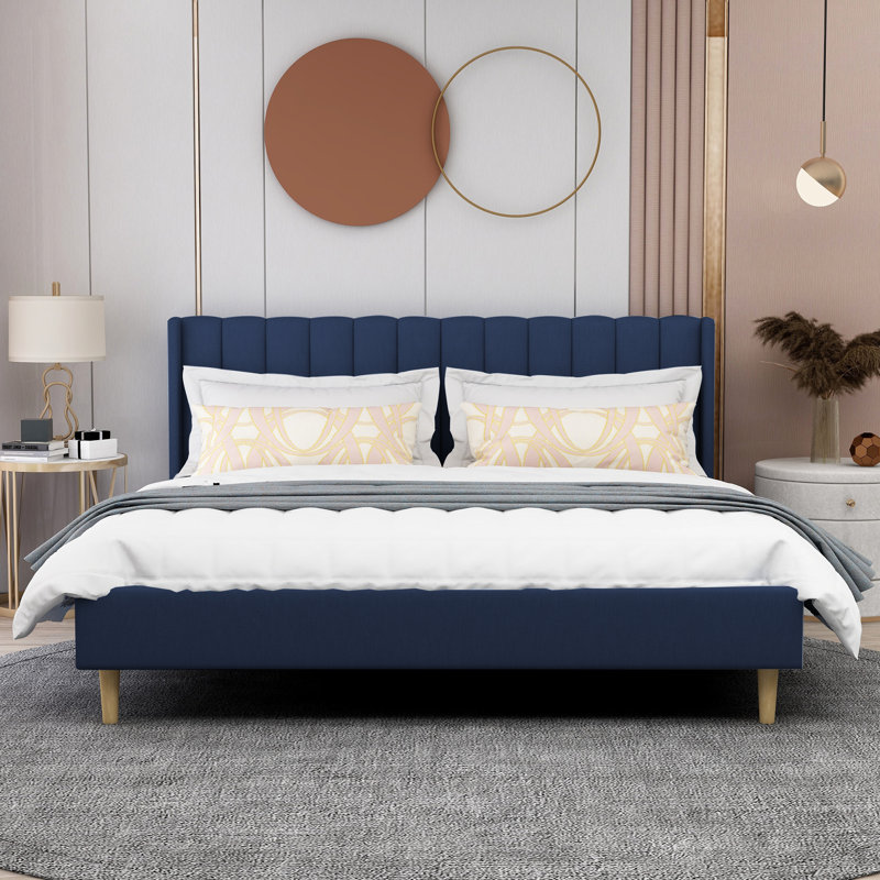 Lit plateforme tapissier avec tête de lit à oreilles Eriksay, Très grand, Lin nouveau bleu foncé