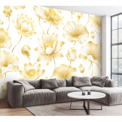 Papier peint adhésif pelez et collez ligne de lotus dorée motif de feuilles de lotus dorées papier autocollant amovible blanc Décoration murale pour le salon Chambre à coucher H 100 po x l 144 po