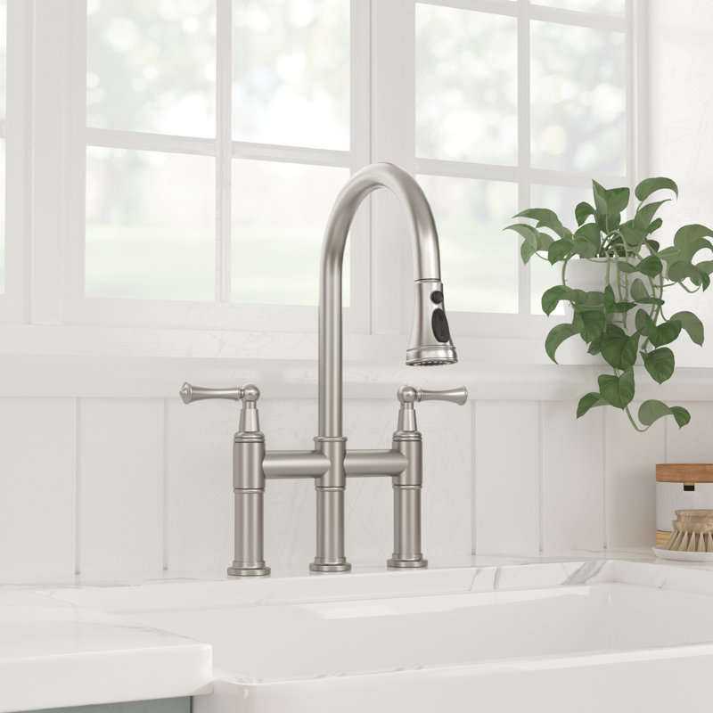 Pull Down Bridge Kitchen Faucet, 3 Hole 8 Inch Double Handle Kitchen Sink Faucet, Brushed Nickel
