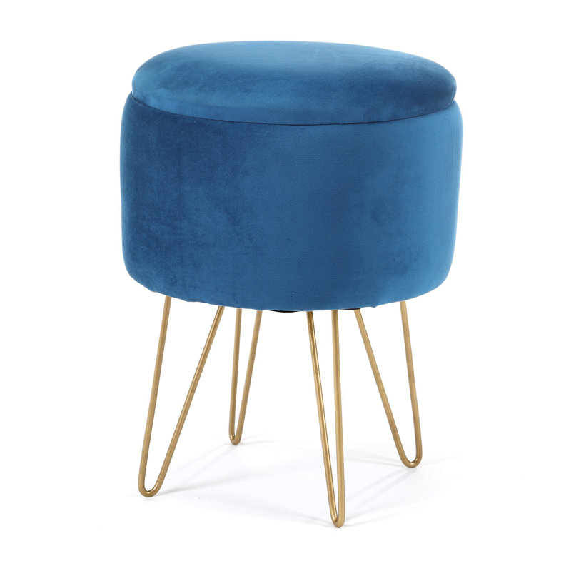 Ahavah 35cm Wide Velvet Tufted Circle Pouf Ottoman with Storage, Blue / White / Grey