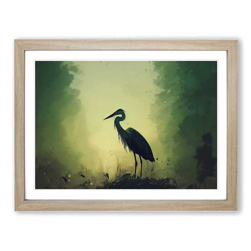 Heron Bird - Single Picture Frame Painting, 46cm H x 64cm W x 2cm D, Oak