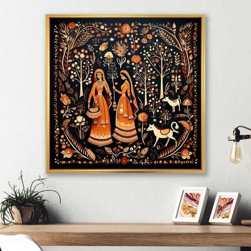 Indian Art Rajasthani Folklore tales II - Art indien, reproduction d'art sur toile encadrée, H 36 po x l 36 po x P 1,5 po