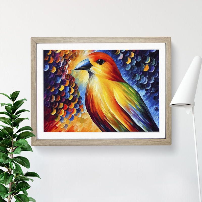 Bird Painting Abstract - Single Picture Frame Print, Oak, 25cm H x 34cm W x 2cm D