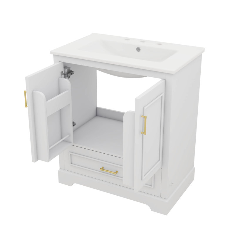 Meuble-lavabo moderne avec lavabo en céramique 2 portes et 1 tiroir pratique, Blanc