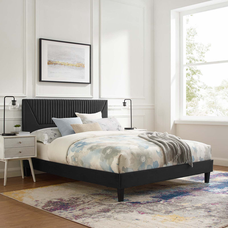 Lit plateforme en velours Yasmine Channel, Blanc, Double