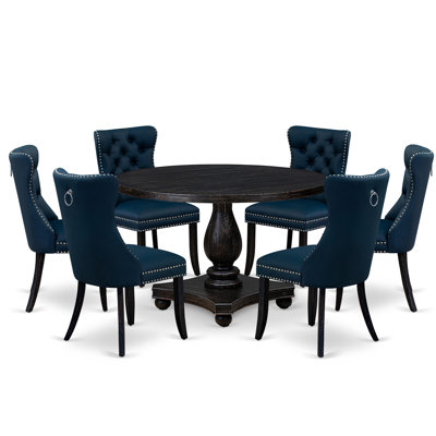 7 Piece Dining Table Set Consists of a 48" Round Table with Pedestal and 6 Navy Blue Faux Leather Padded Chairs, Sand Blasted Black