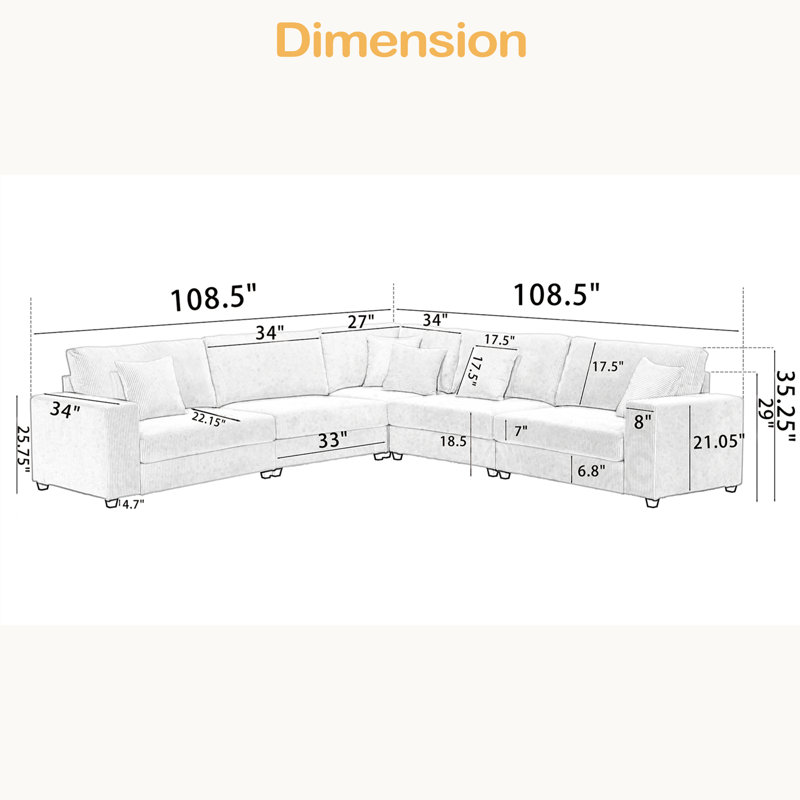 Modular Sectional Sofa Set, L Shaped Couch,Corduroy ,Upholstered,Deep Seat,,5 Seat,5 Throw Pillow And 6 Back Cushion, Gray