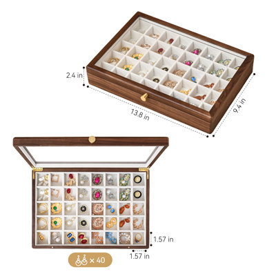 Black Walnut Wood Jewelry Organizer with Clear Lid, 40 Grid Jewelry Storage Box for Earrings, Rings,