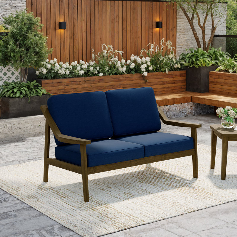 Marlo Solid Wood Teak Outdoor Loveseat With Cushion And Arms, Brown, Navy