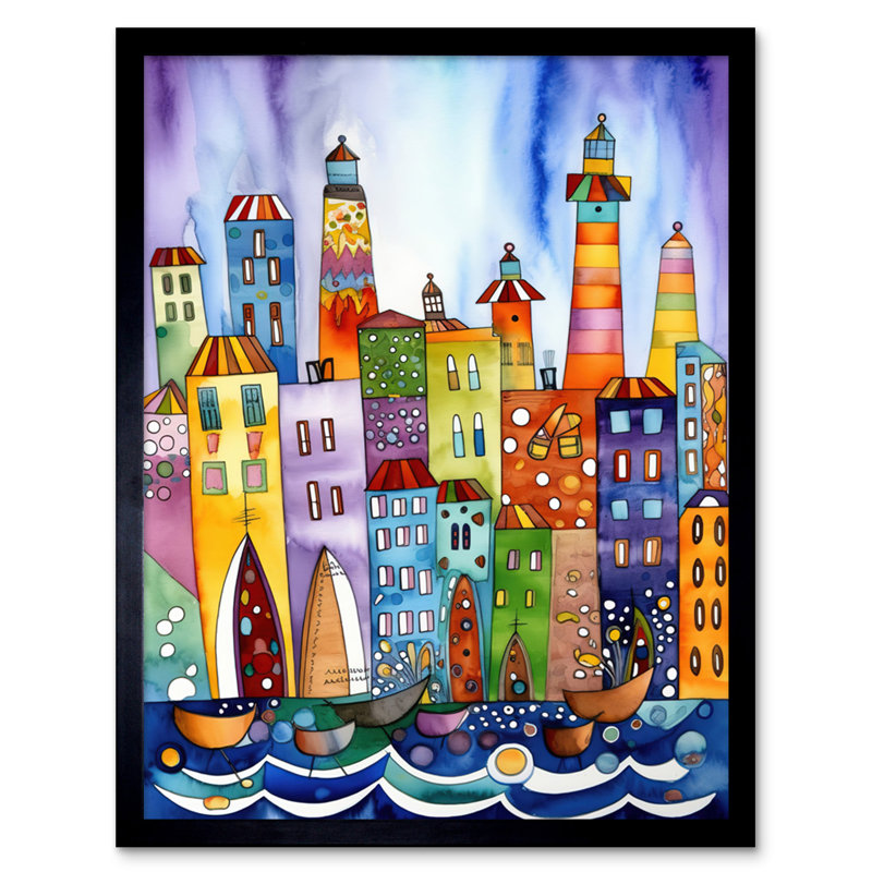 Canal Area Folk Art Watercolour Painting Artwork Framed Wall Art Print 9X7 Inch