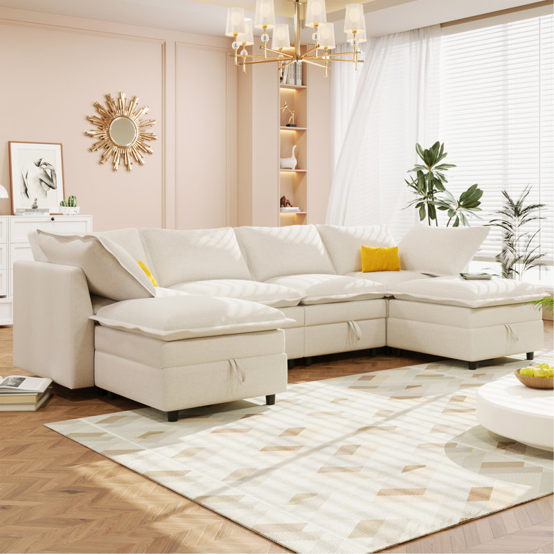 Canapé-lit modulaire polyvalent 6 pièces avec rangement, coussins décoratifs élégants à double couche, conception confortable et durable, parfait pour tout espace de vie