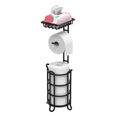 Free‑Standing Toilet Paper Holder with Shelf, Metal Construction, Matte Black Finish