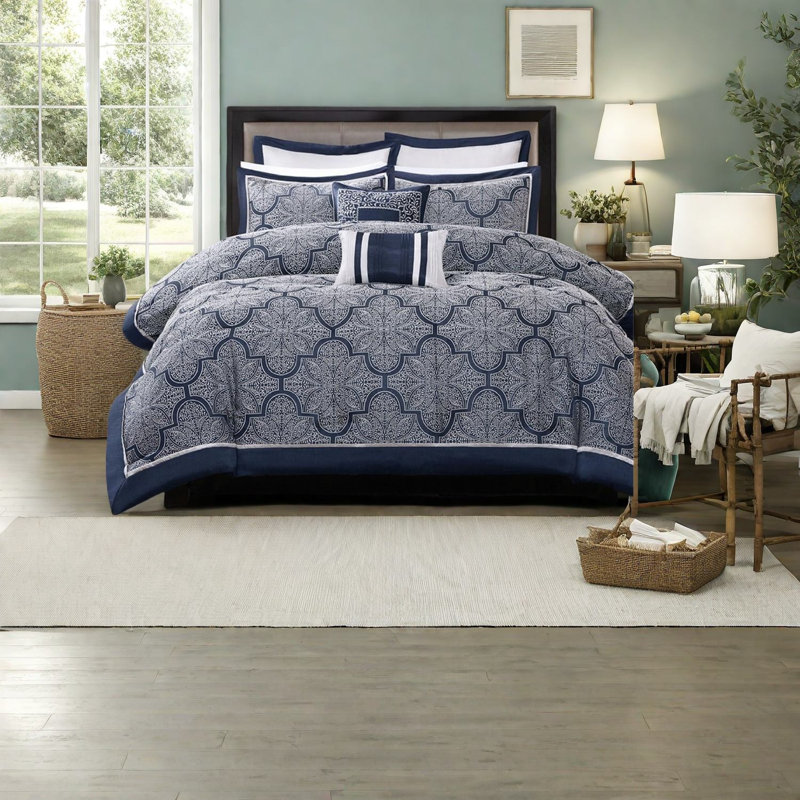 Ensembles de literie en jacquard bleu marine élégant pour très grand lit